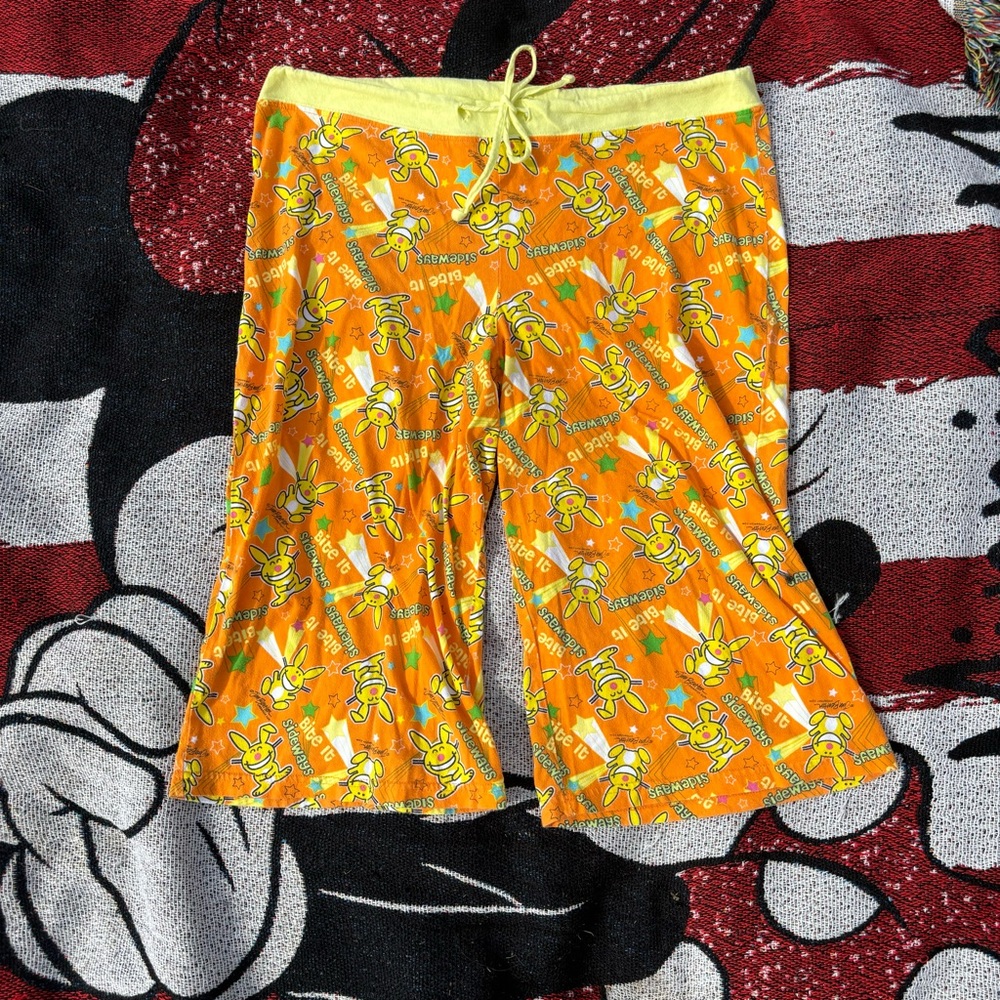 VINTAGE Y2K HAPPY BUNNY YELLOW ORANGE BITE IT GRAPHIC PJ PANTS SIZE LARGE COTTON